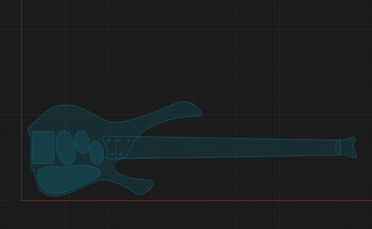 Draxxen headless bass design shown as a blueprint drawing
