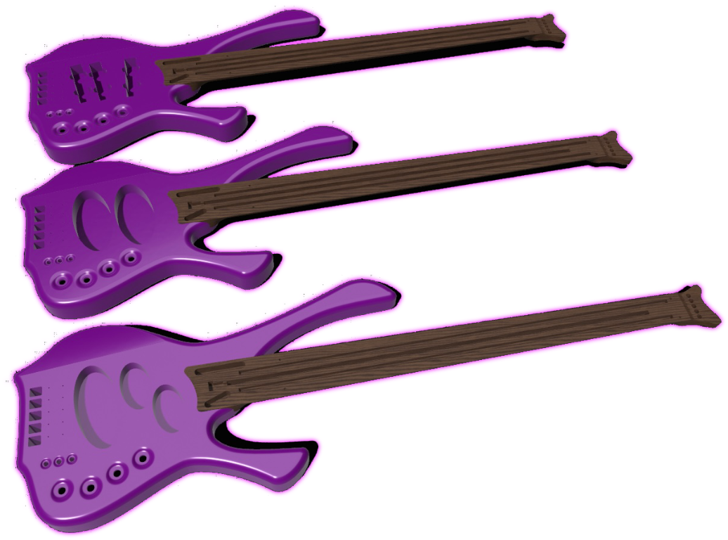 Three purple Mogul bass guitar designs